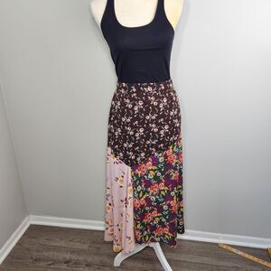 Sonoma Tiered Boho Midi Skirt Pull On Elastic Ditsy Floral Print Brown Size L